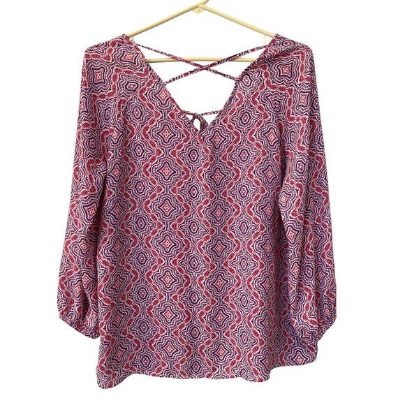 Pink Rose Blouse Size Large Floral Geometric 3/4 Sleeve Criss Cross Back Lace - Picture 2 of 6